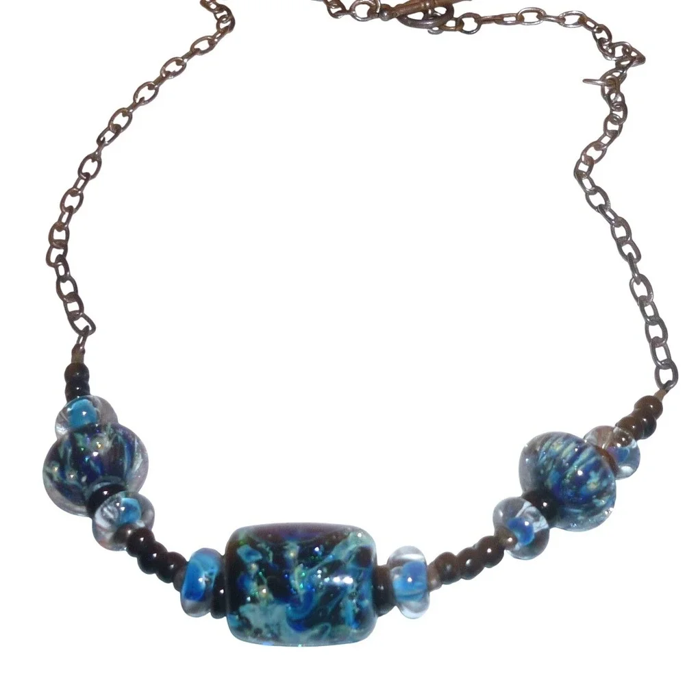 Vintage‎ Murano Style Dichroic Art Glass Bead Necklace Silver Tone Toggle Clasp